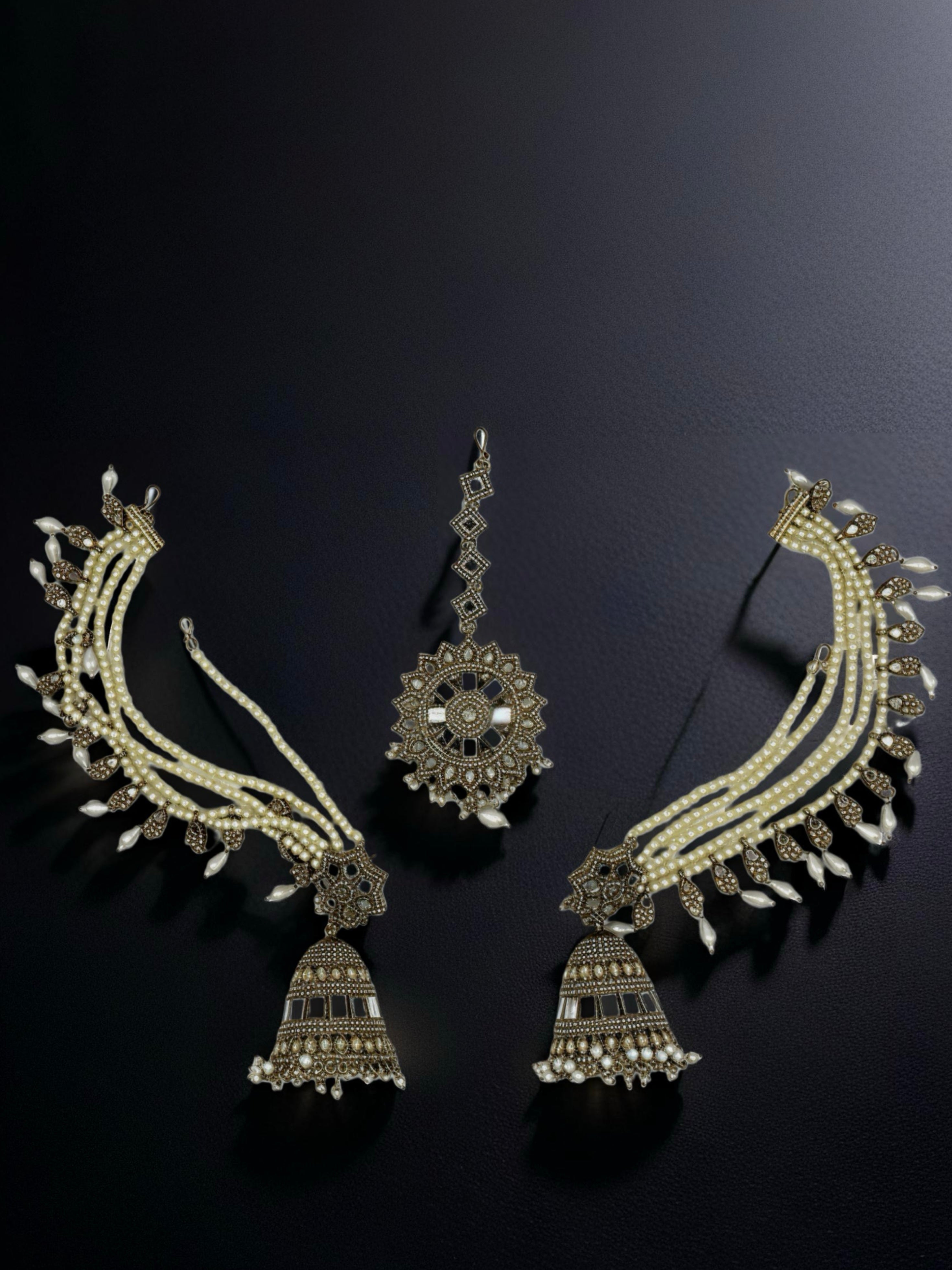 Pearl Kundan Passa and Jhumka Set with Maang Tikka