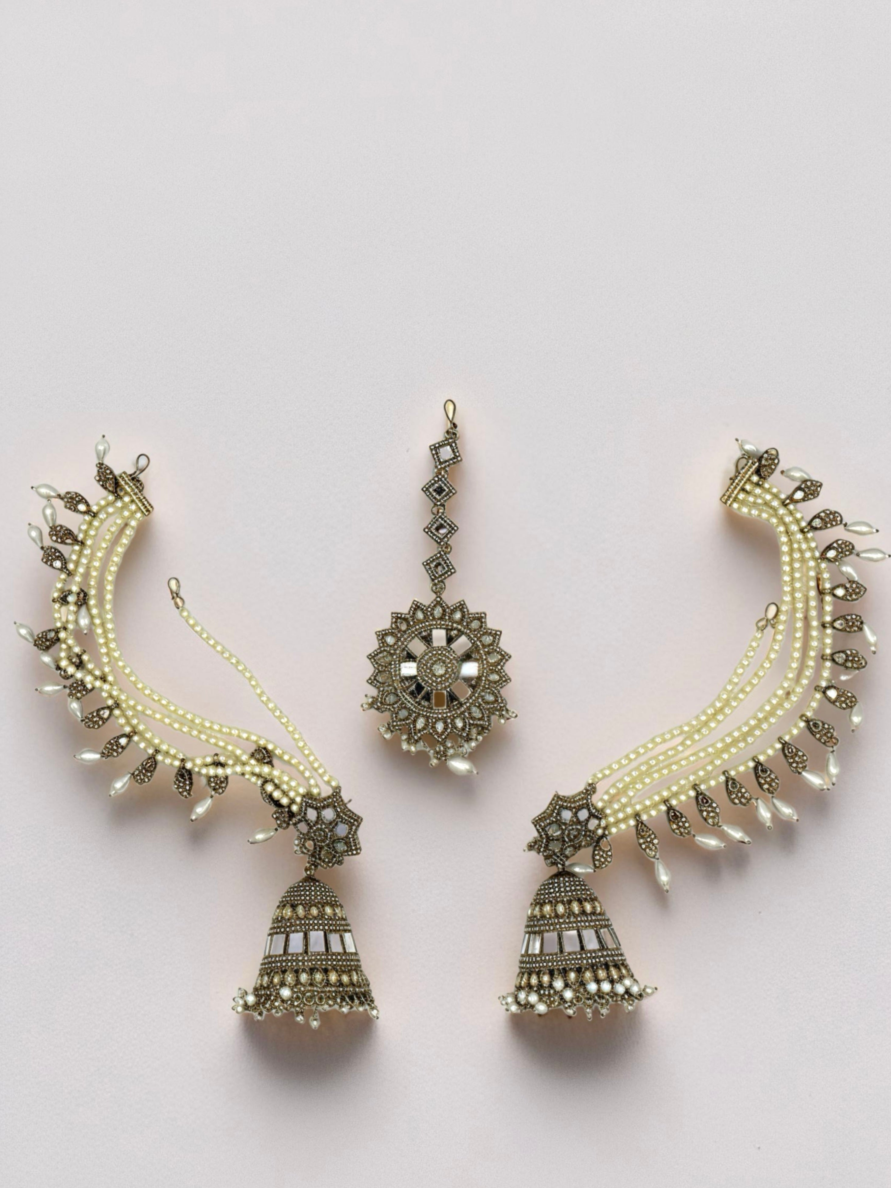 Pearl Kundan Passa and Jhumka Set with Maang Tikka