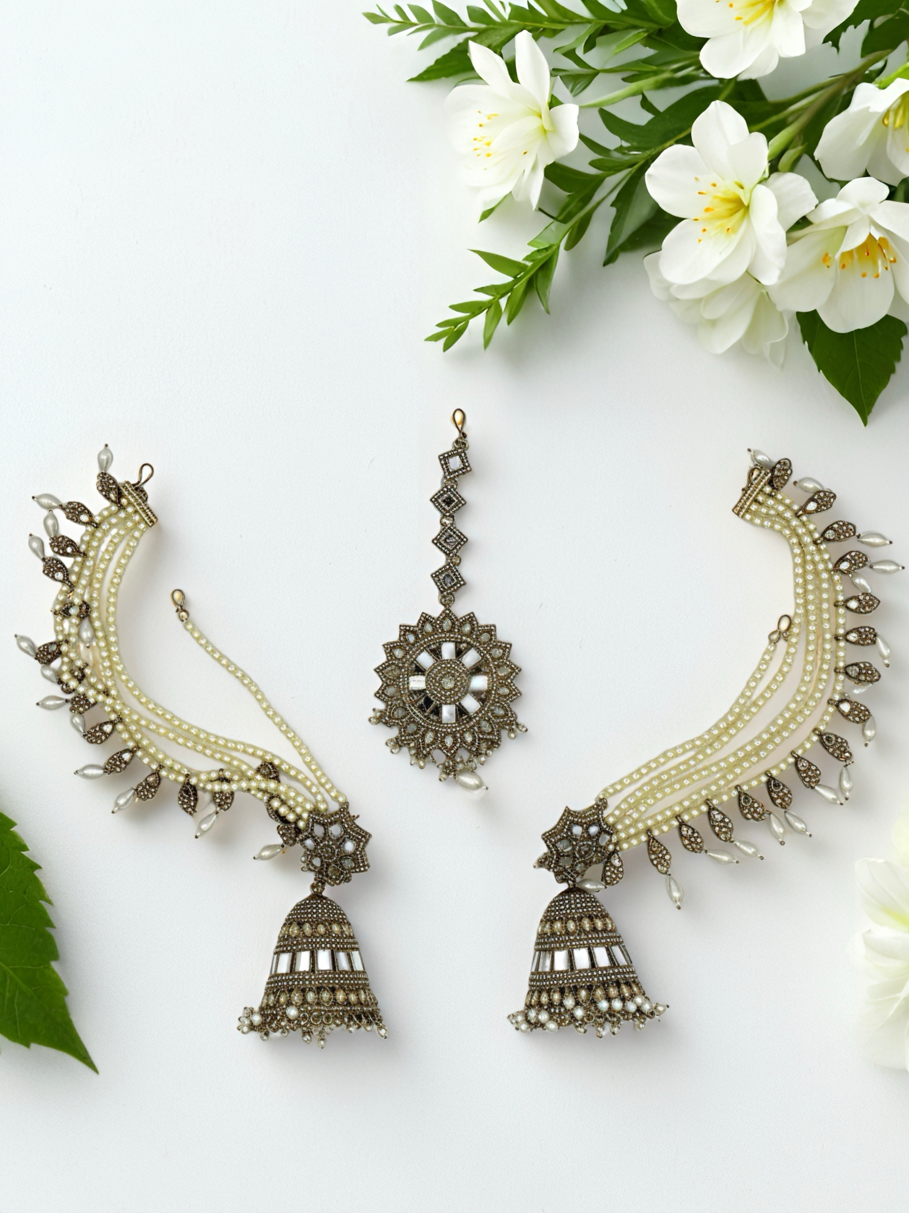Pearl Kundan Passa and Jhumka Set with Maang Tikka
