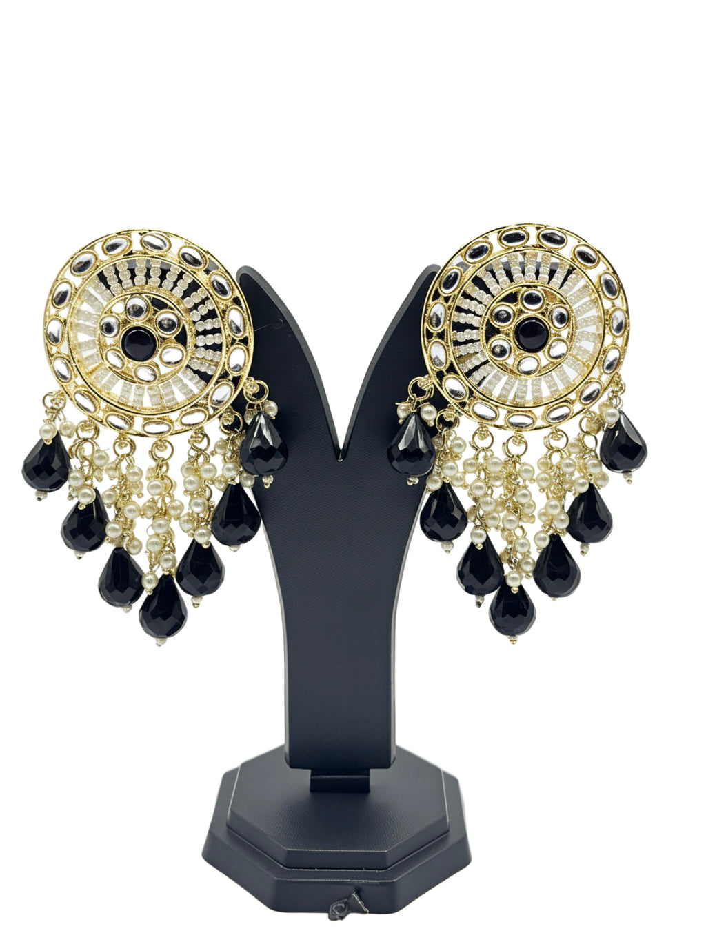 Kundan Statement Circular Earrings with Black Drops