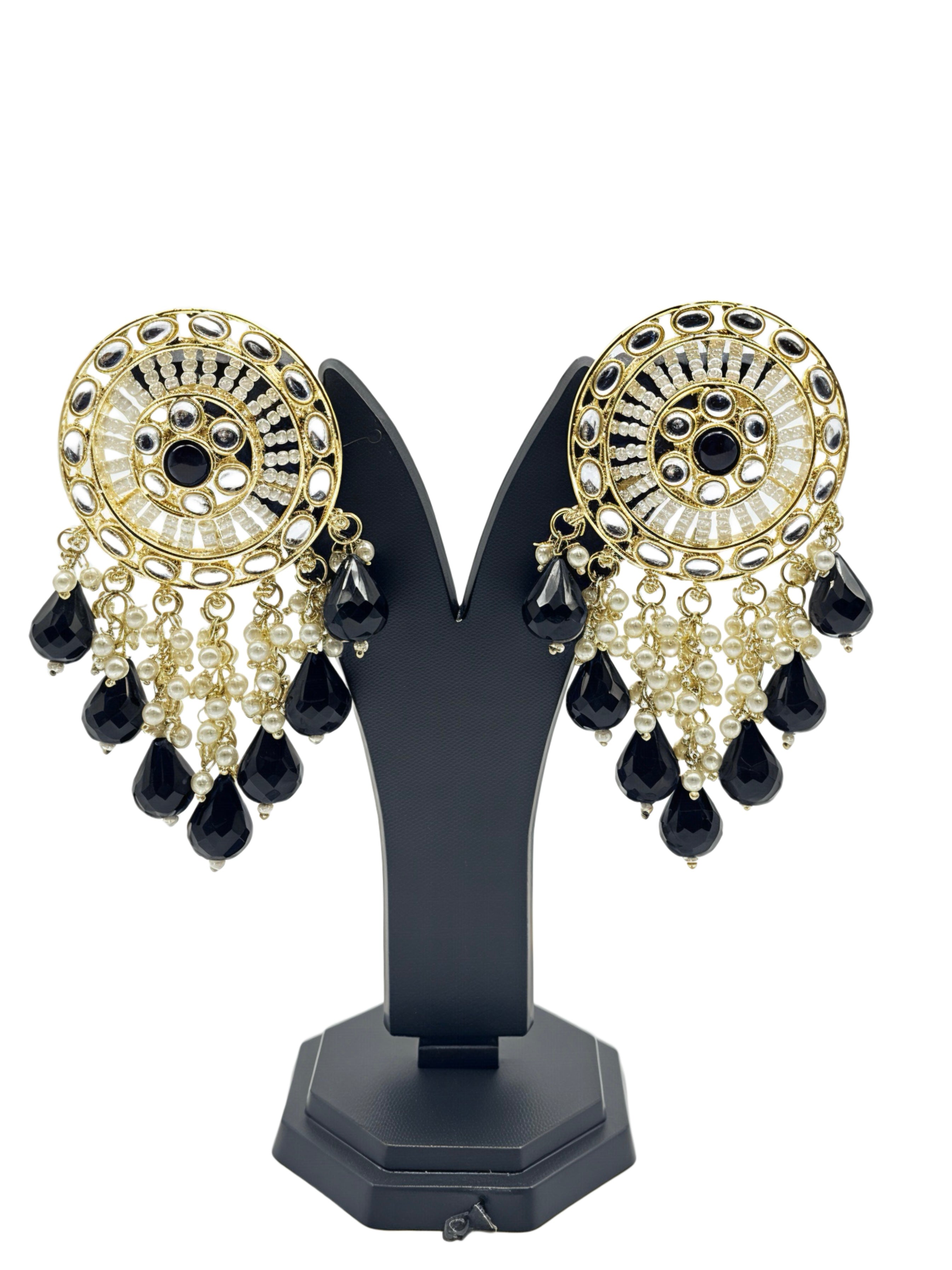 Kundan Statement Circular Earrings with Black Drops