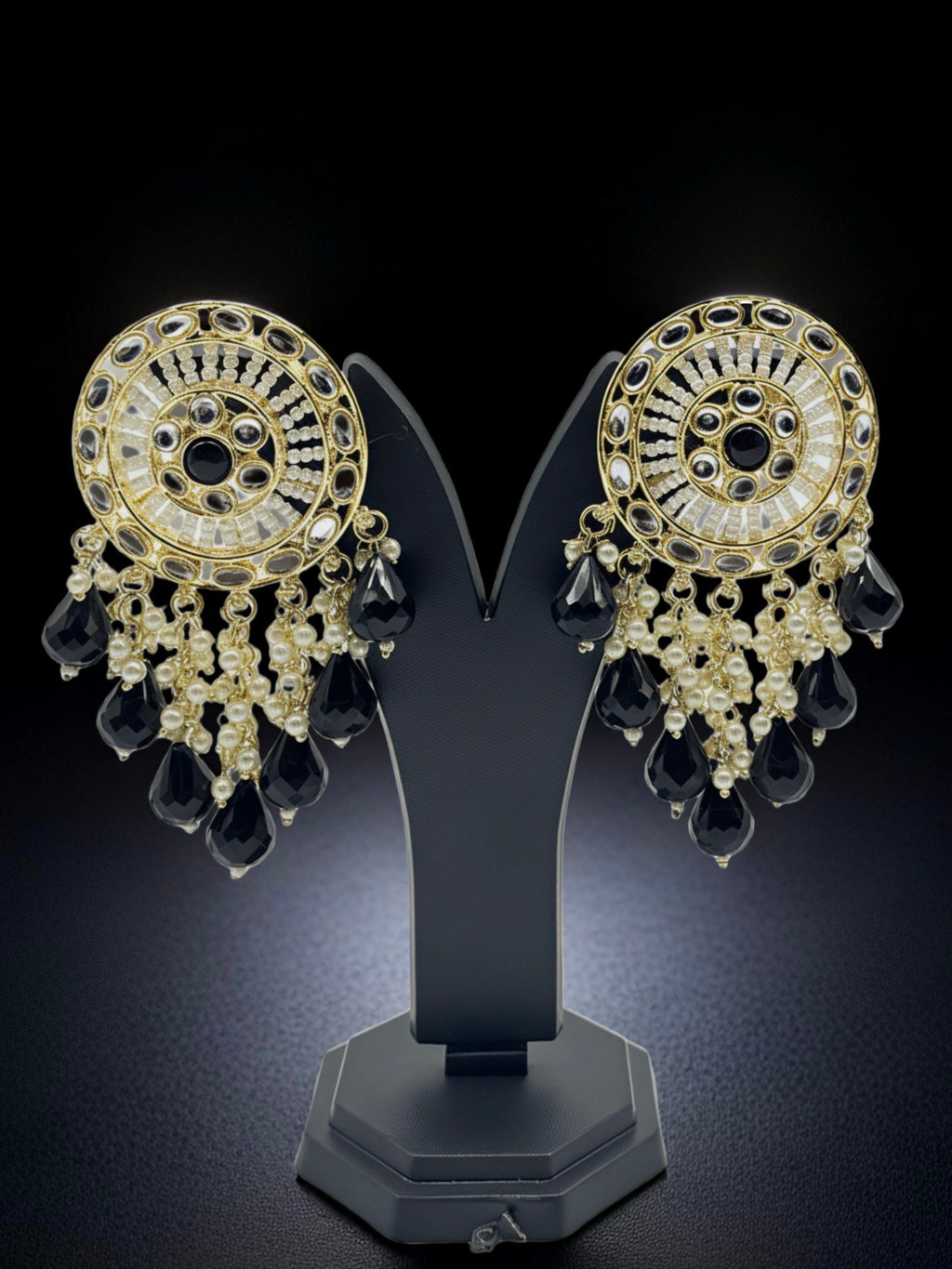 Kundan Statement Circular Earrings with Black Drops