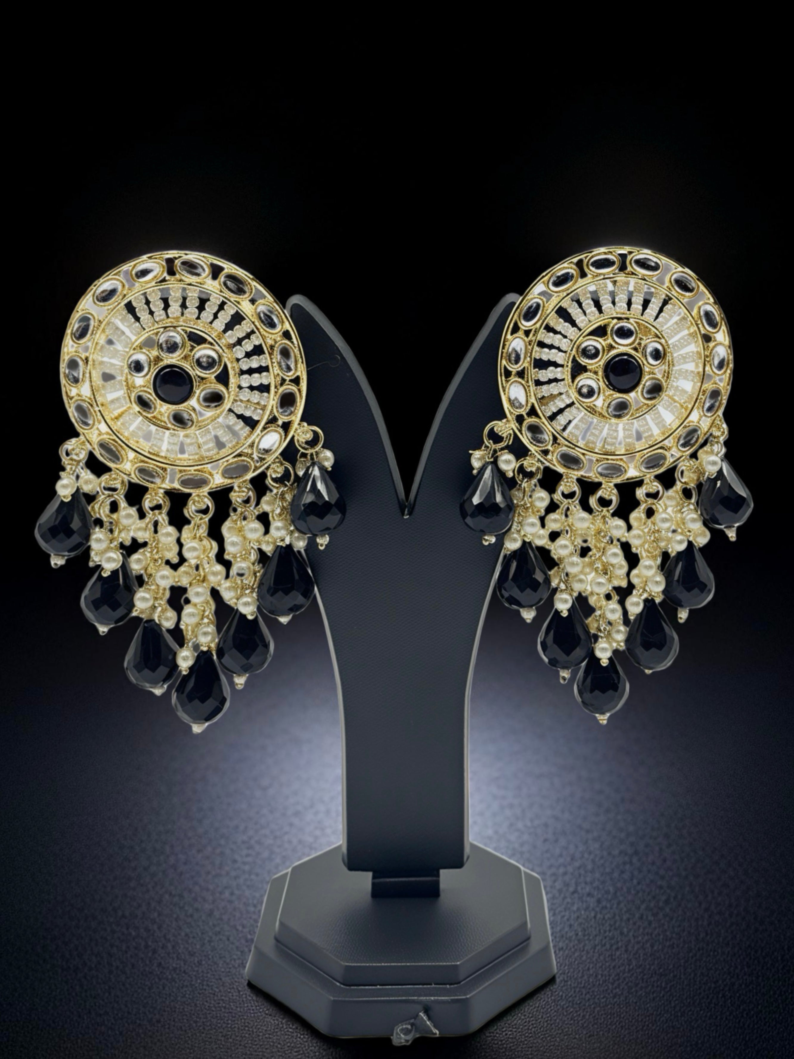 Kundan Statement Circular Earrings with Black Drops