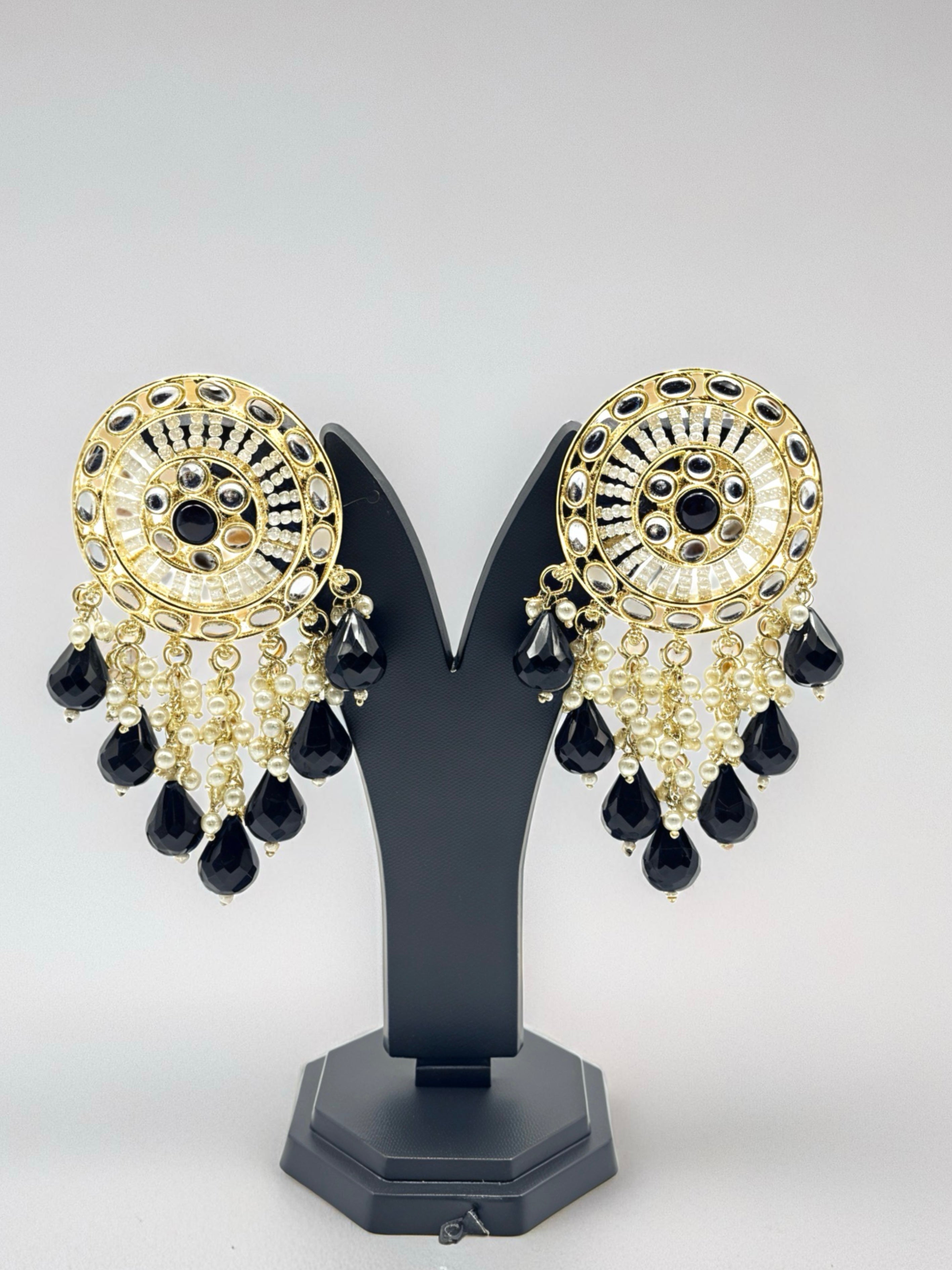 Kundan Statement Circular Earrings with Black Drops