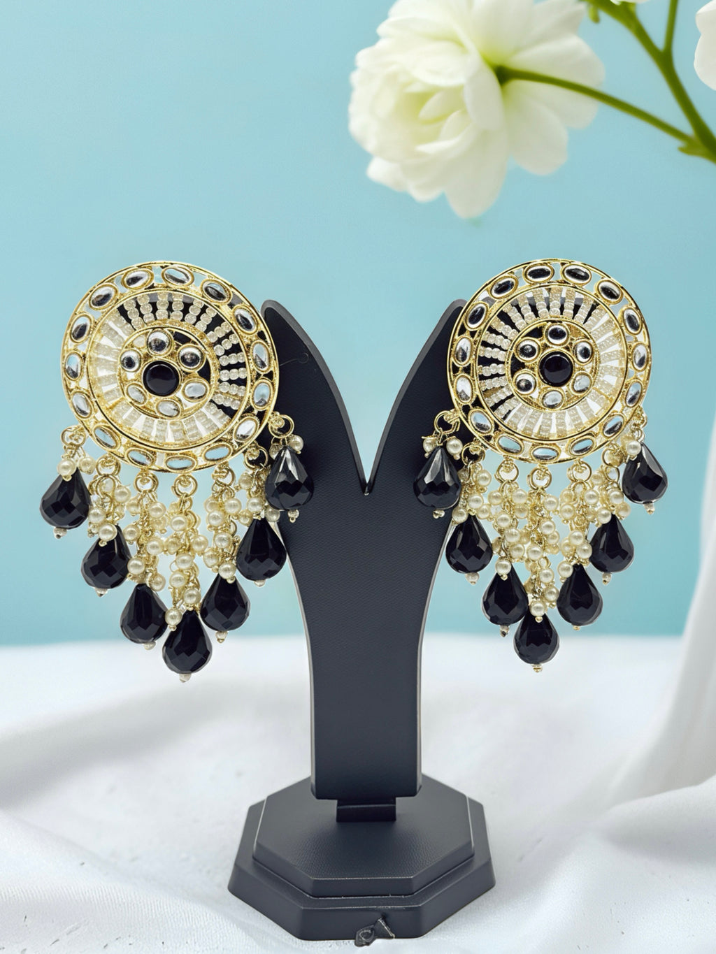 Kundan Statement Circular Earrings with Black Drops