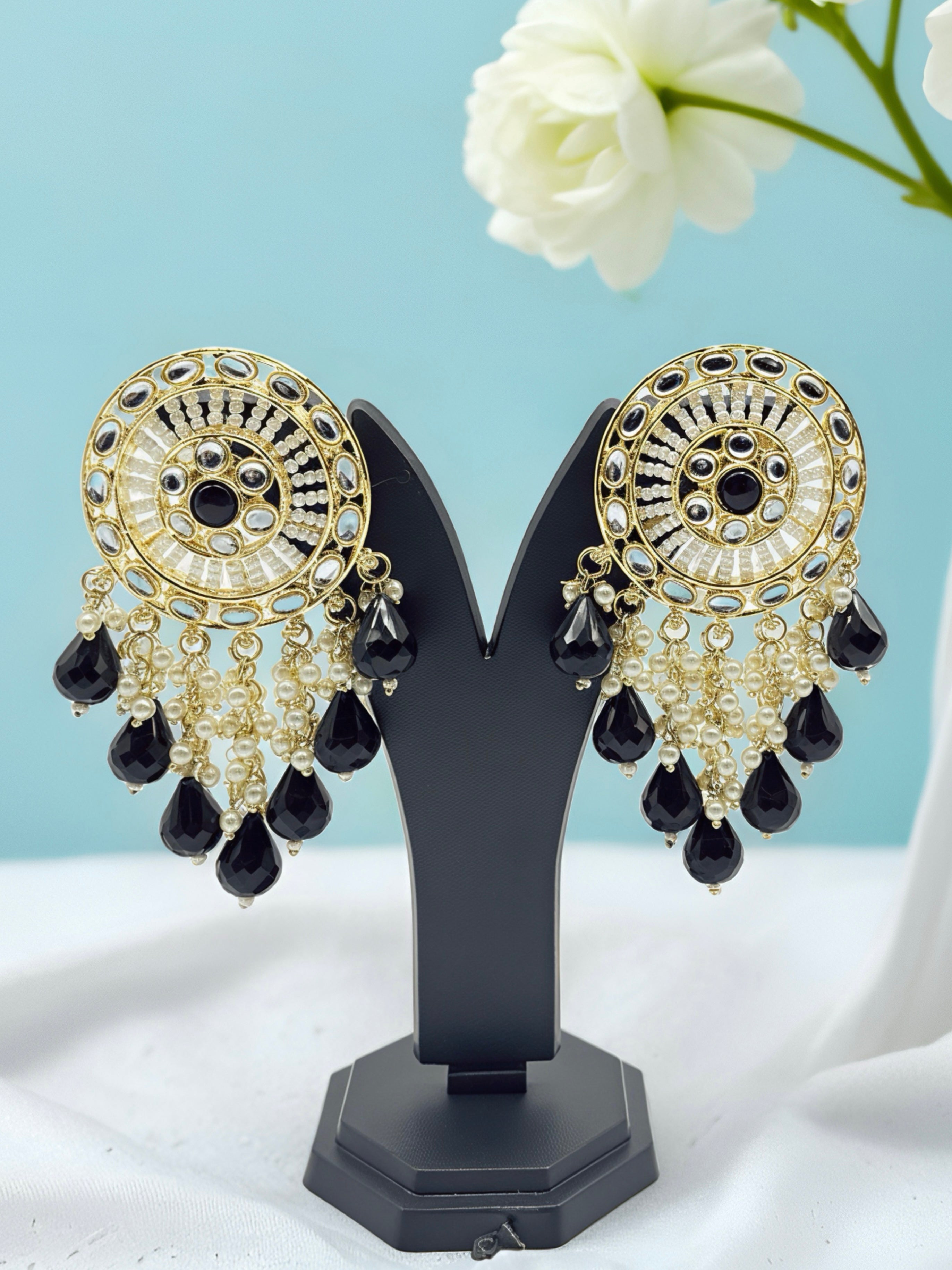 Kundan Statement Circular Earrings with Black Drops