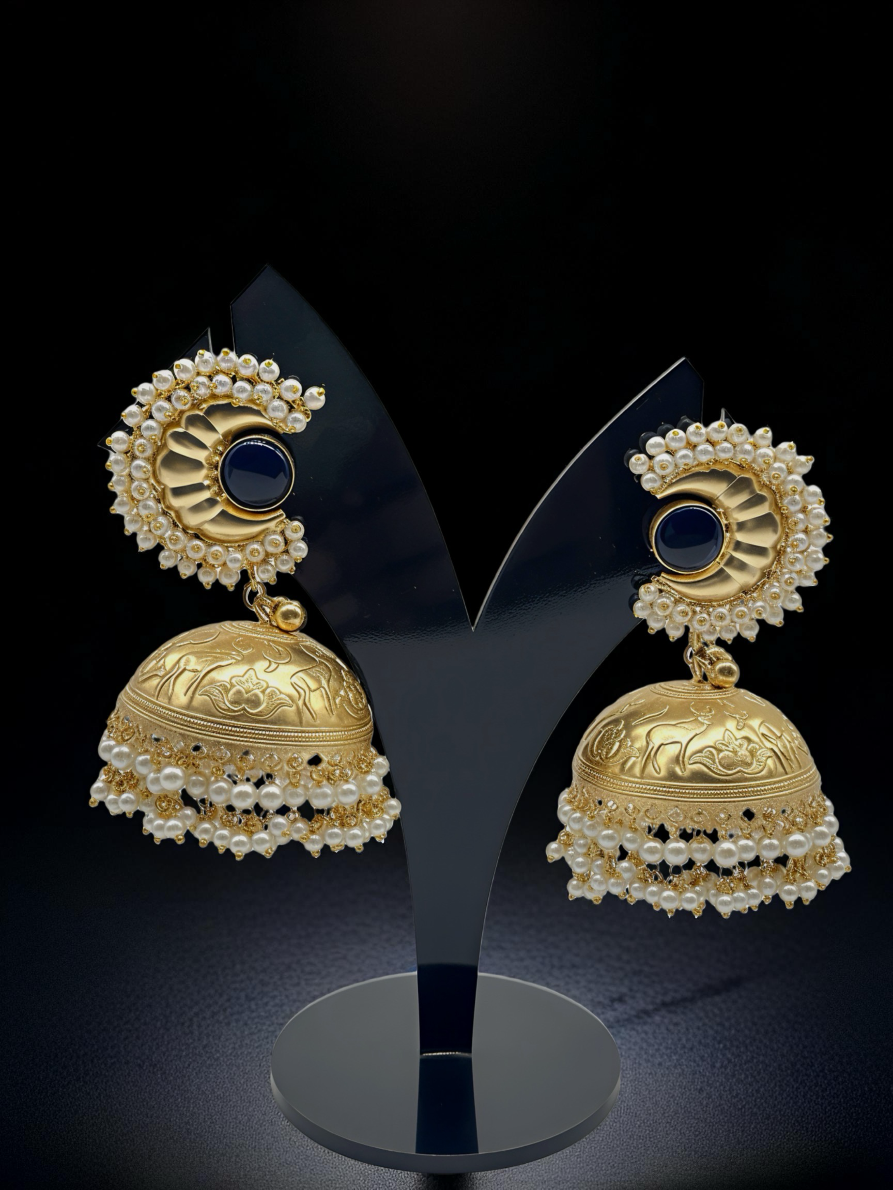 Antique Gold Jhumka Earrings with Peacock Studs and Pearl Drops