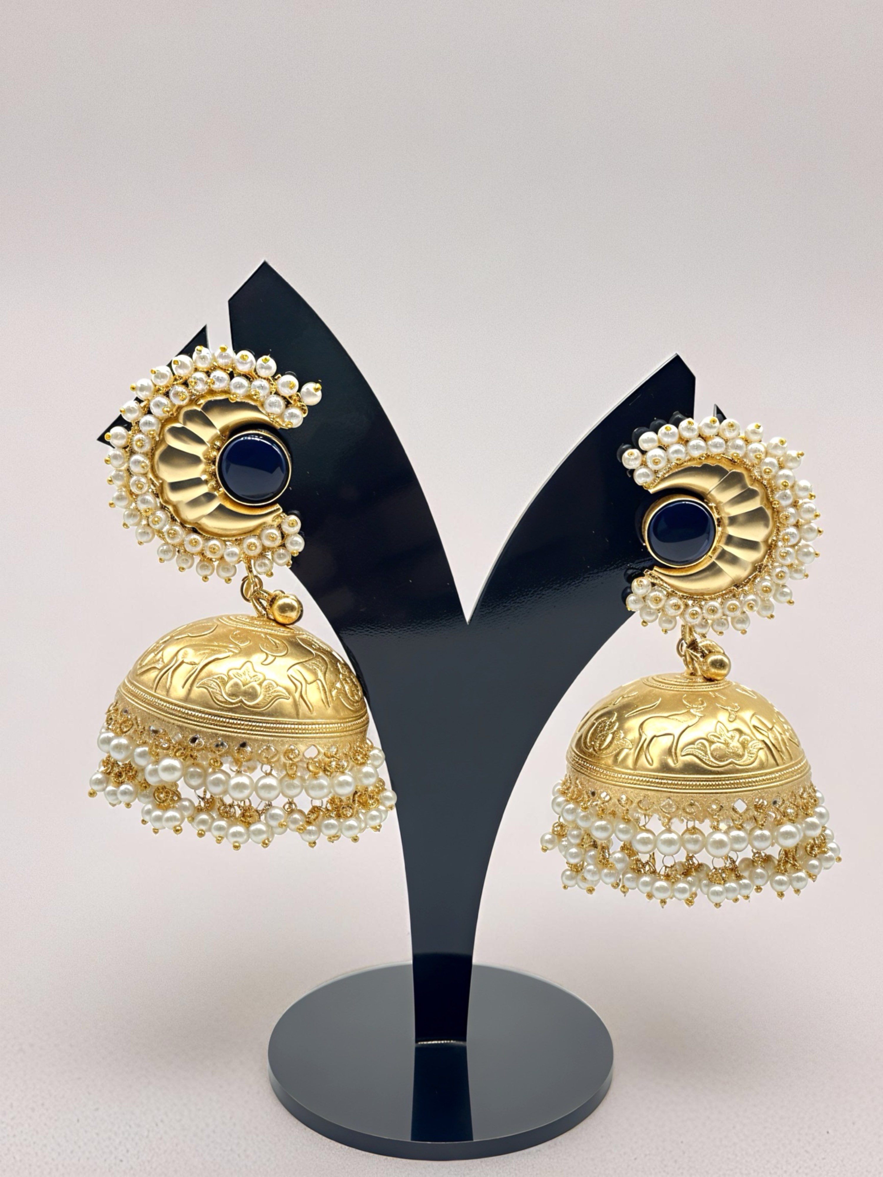 Antique Gold Jhumka Earrings with Peacock Studs and Pearl Drops