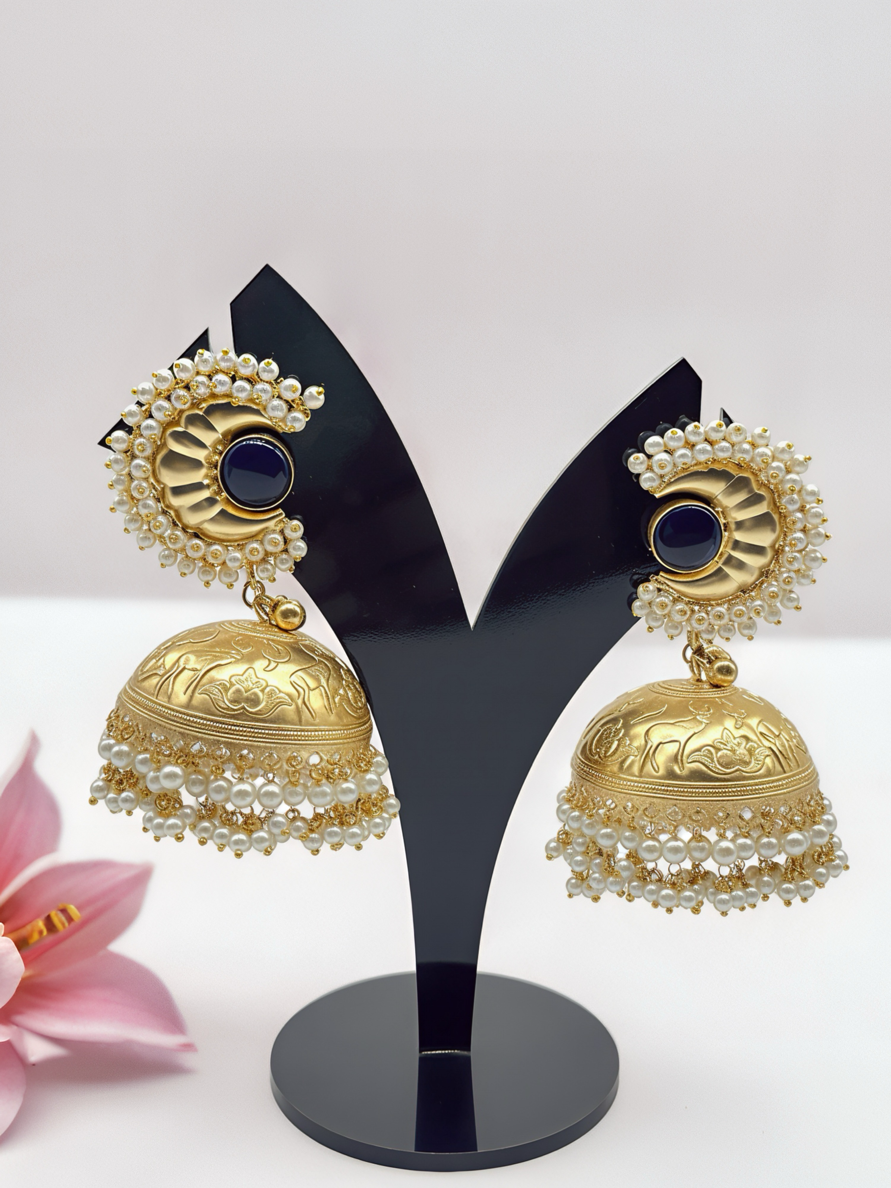Antique Gold Jhumka Earrings with Peacock Studs and Pearl Drops