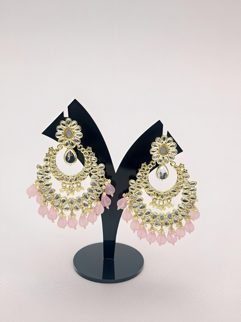 Kundan Chandbali Earrings with Pink Beads
