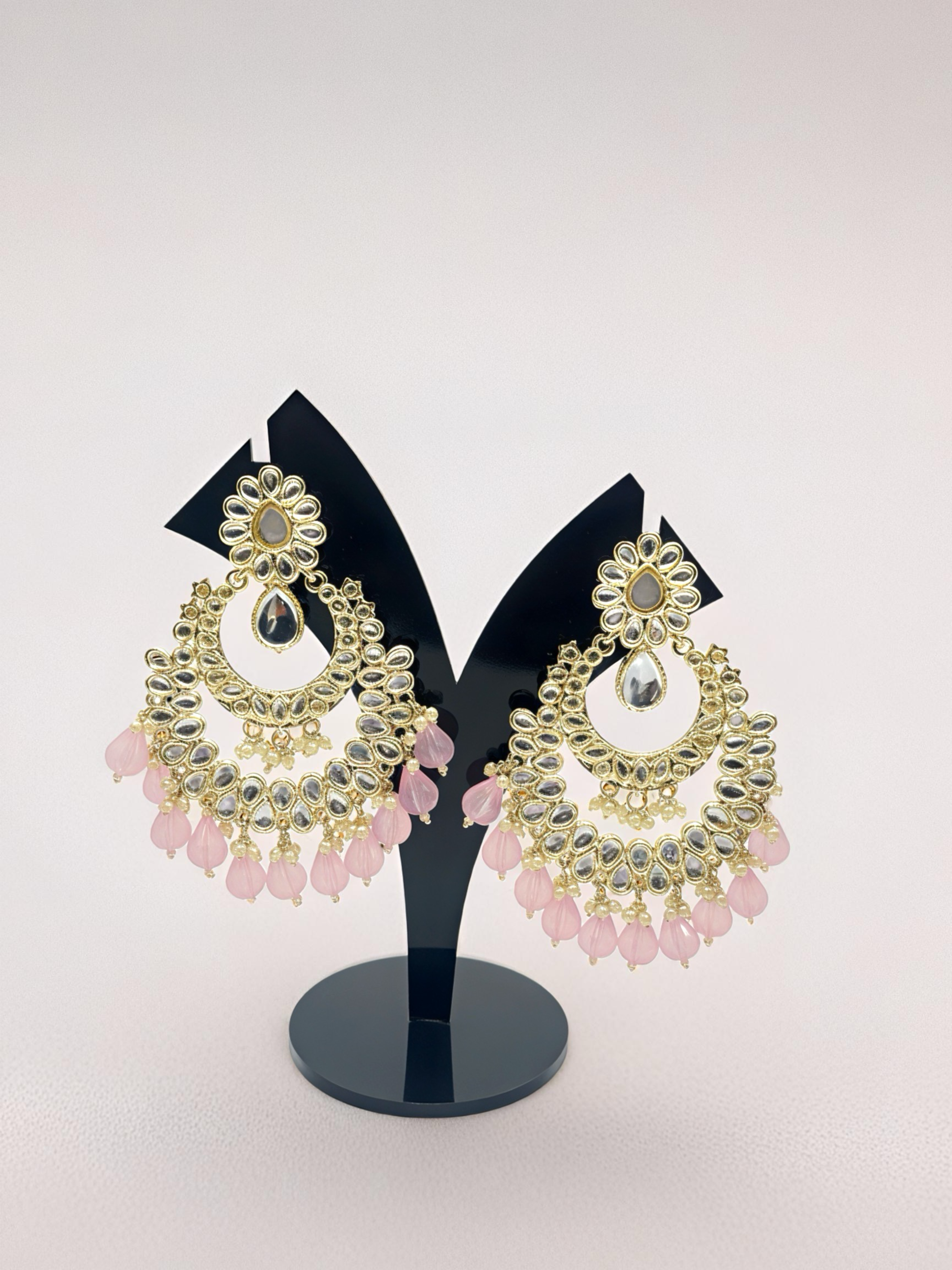Kundan Chandbali Earrings with Pink Beads