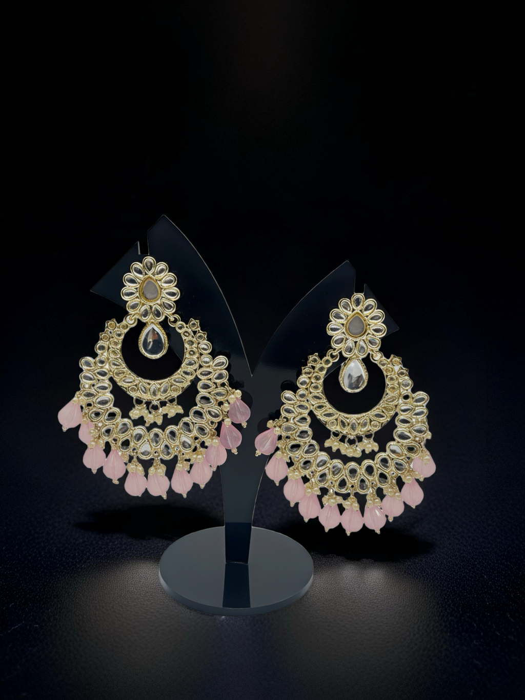 Kundan Chandbali Earrings with Pink Beads