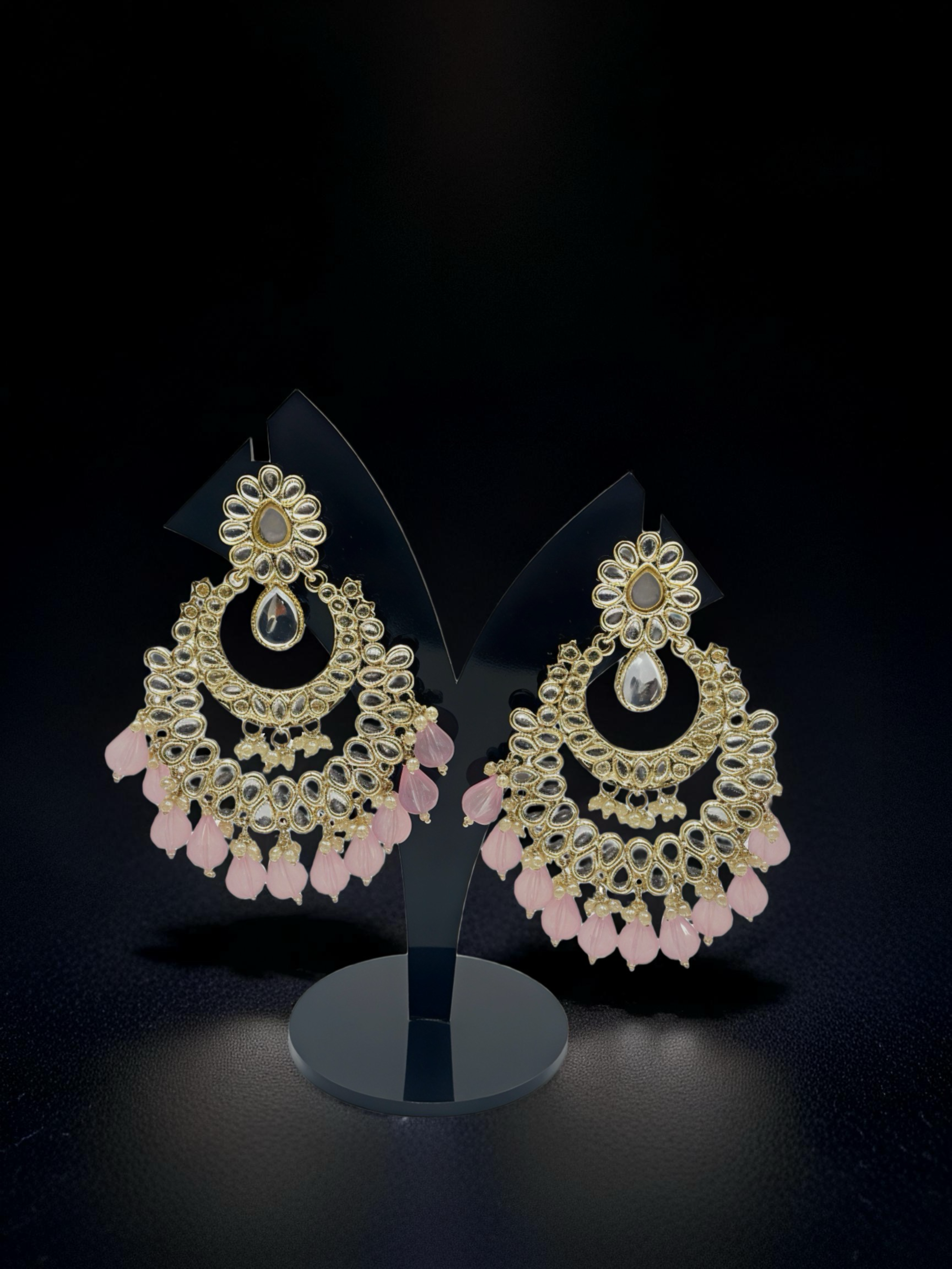 Kundan Chandbali Earrings with Pink Beads