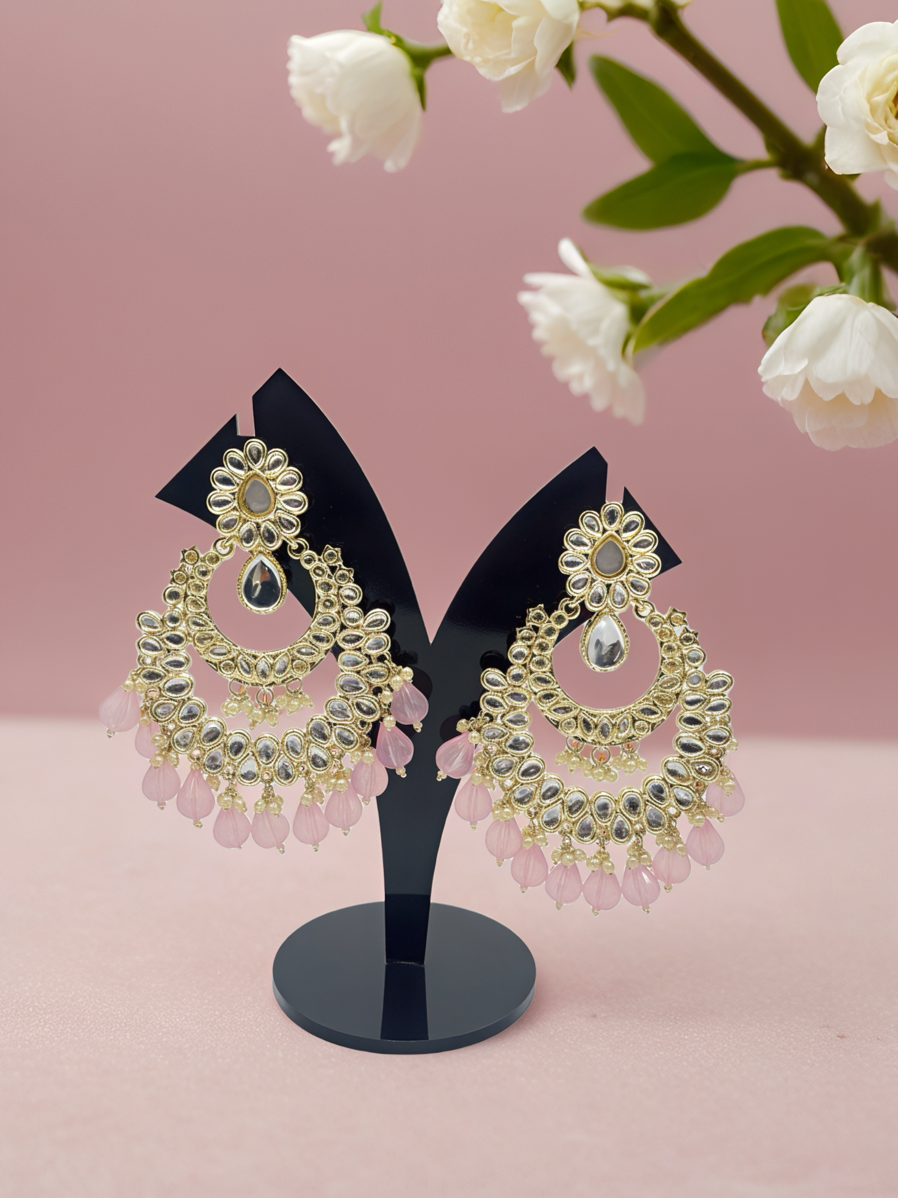 Kundan Chandbali Earrings with Pink Beads